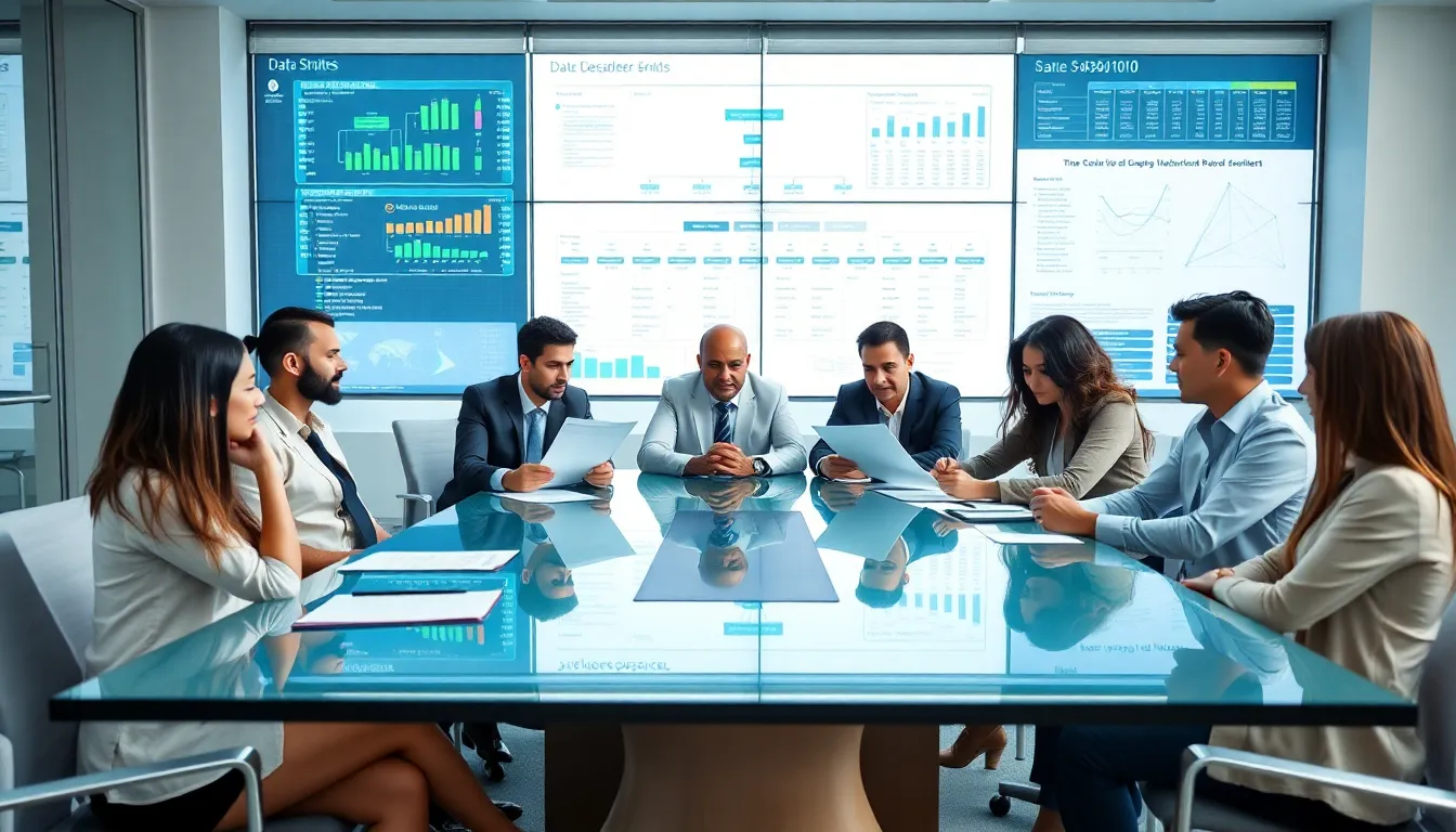 diverse professionals discussing data systems in a modern office.